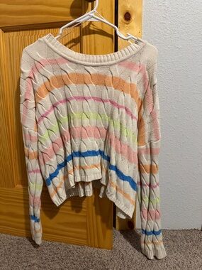Crewneck Cable Knit Sweater in Cream with Pastel Stripes